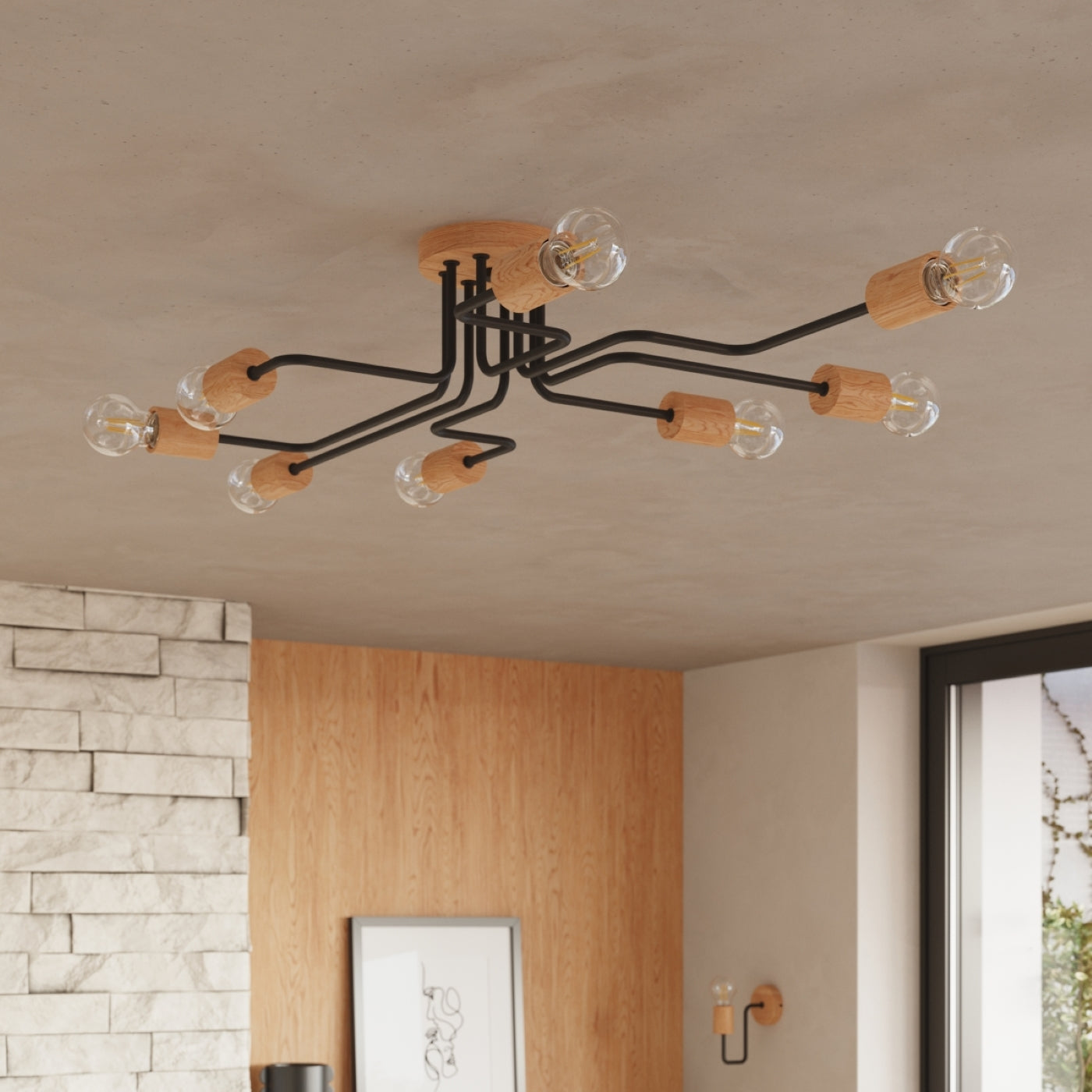 Timbo - Aplique de Pared - 1-Light - Negro - Acero y Madera - E27 - IP20