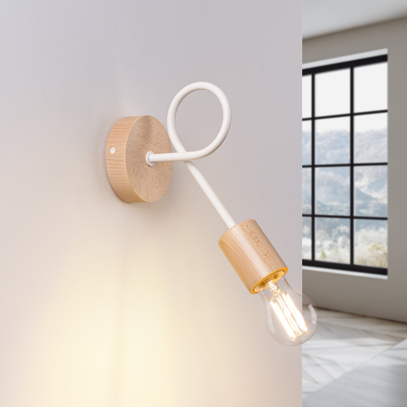 EMBER - Aplique de Pared - 1-Luz - Blanco con Madera Natural - Base E27 - IP20 - Acero y Madera - 10/19/24 cm