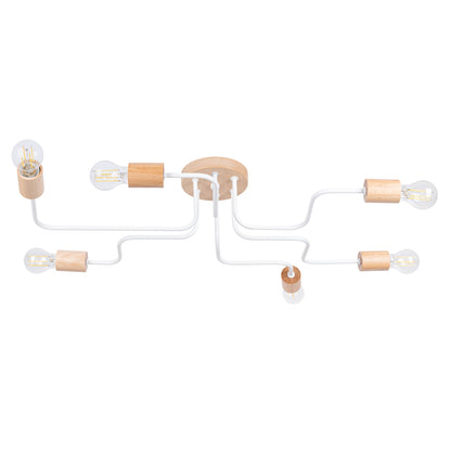 Timbo - Araña - 6-Light - Blanca - Acero y Madera - E27 IP20 - LED 2700K - 85/58/16,5 cm