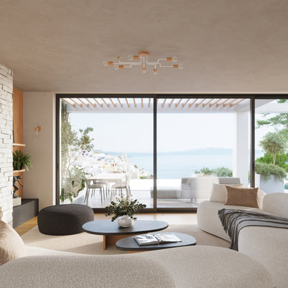 Timbo - Araña - 6-Light - Blanca - Acero y Madera - E27 IP20 - LED 2700K - 85/58/16,5 cm