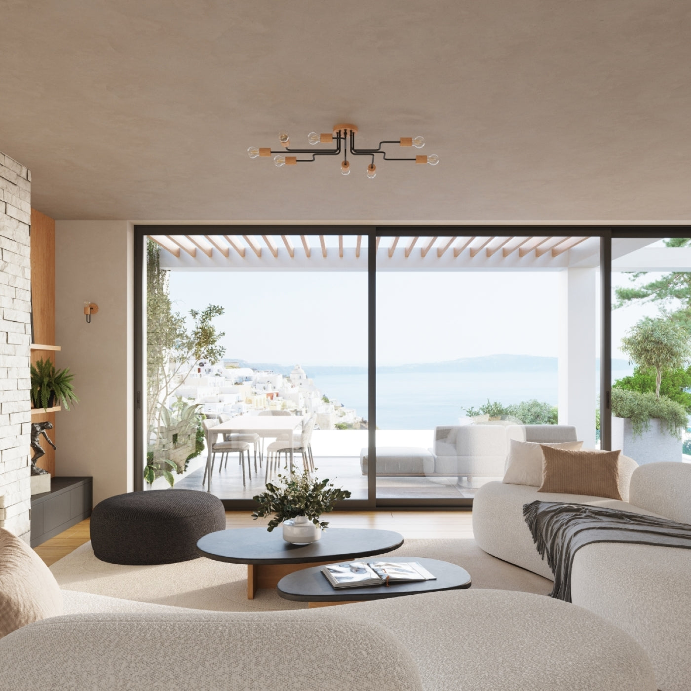 Timbo - Lámpara De Techo - 6-Light - Negra - Acero Y Madera - E27 - Bombilla No Incluida