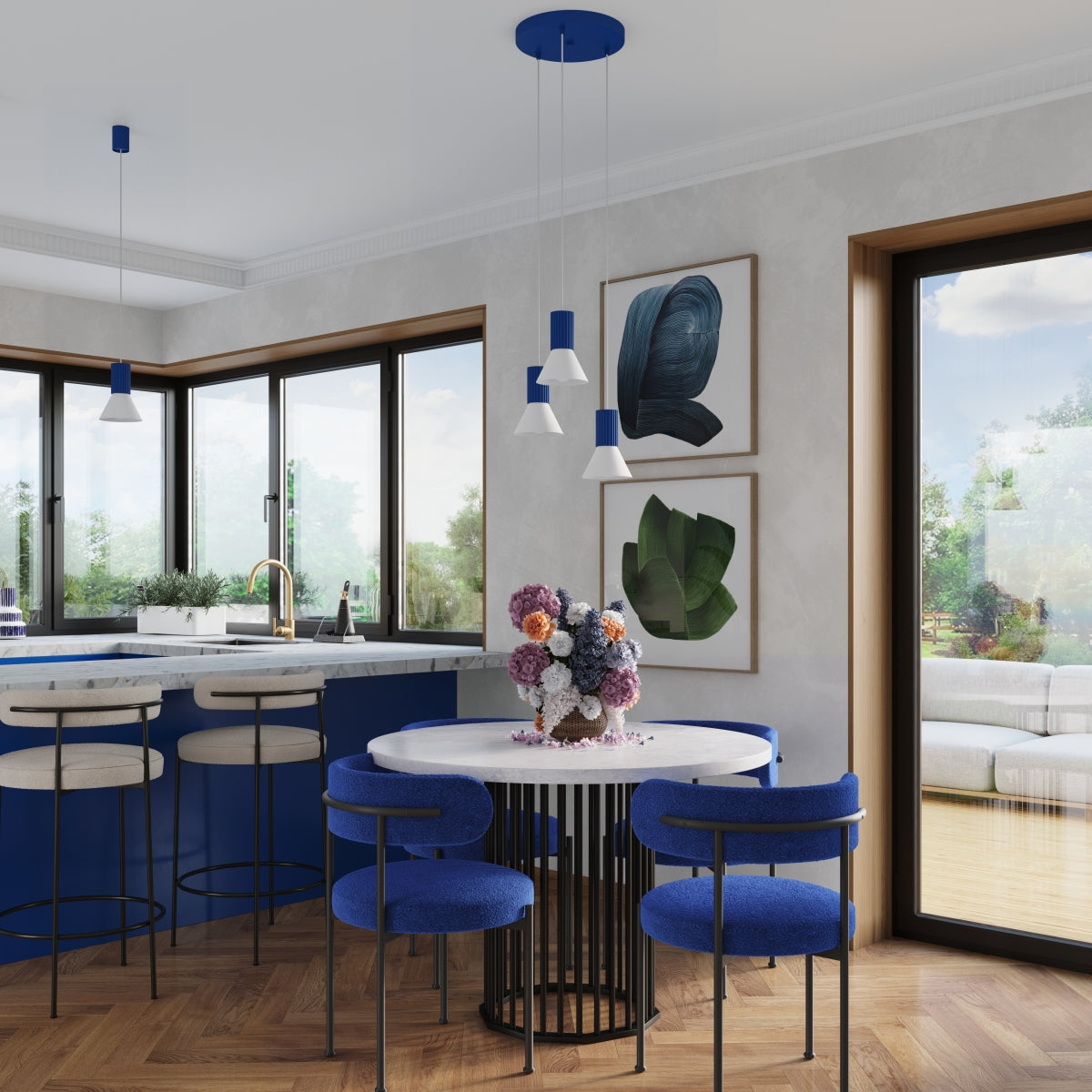 Luzara - Pendant Light - 3-Light Blanco/Ultramarino - Metal - Steel/Aluminum - E14 3x LED 10W - 120 cm