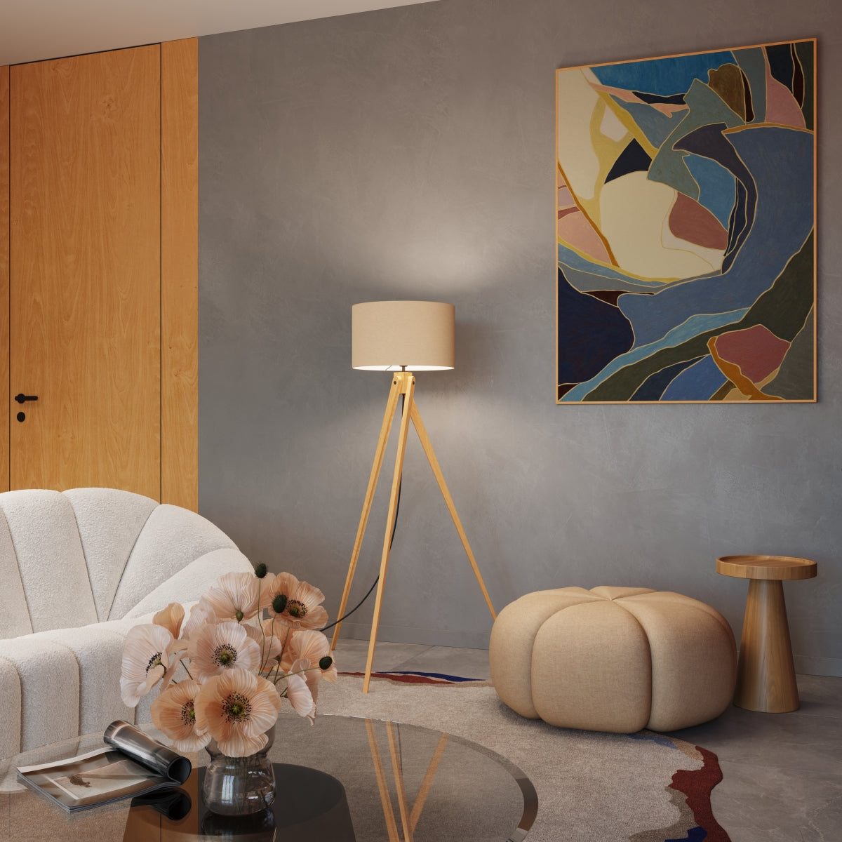 Natt - Lámpara de Pie - 1 LED Máx 15 W - Beige - Tela/PVC/Madera - IP20 - Dimensiones 77 x 77 x 140 cm