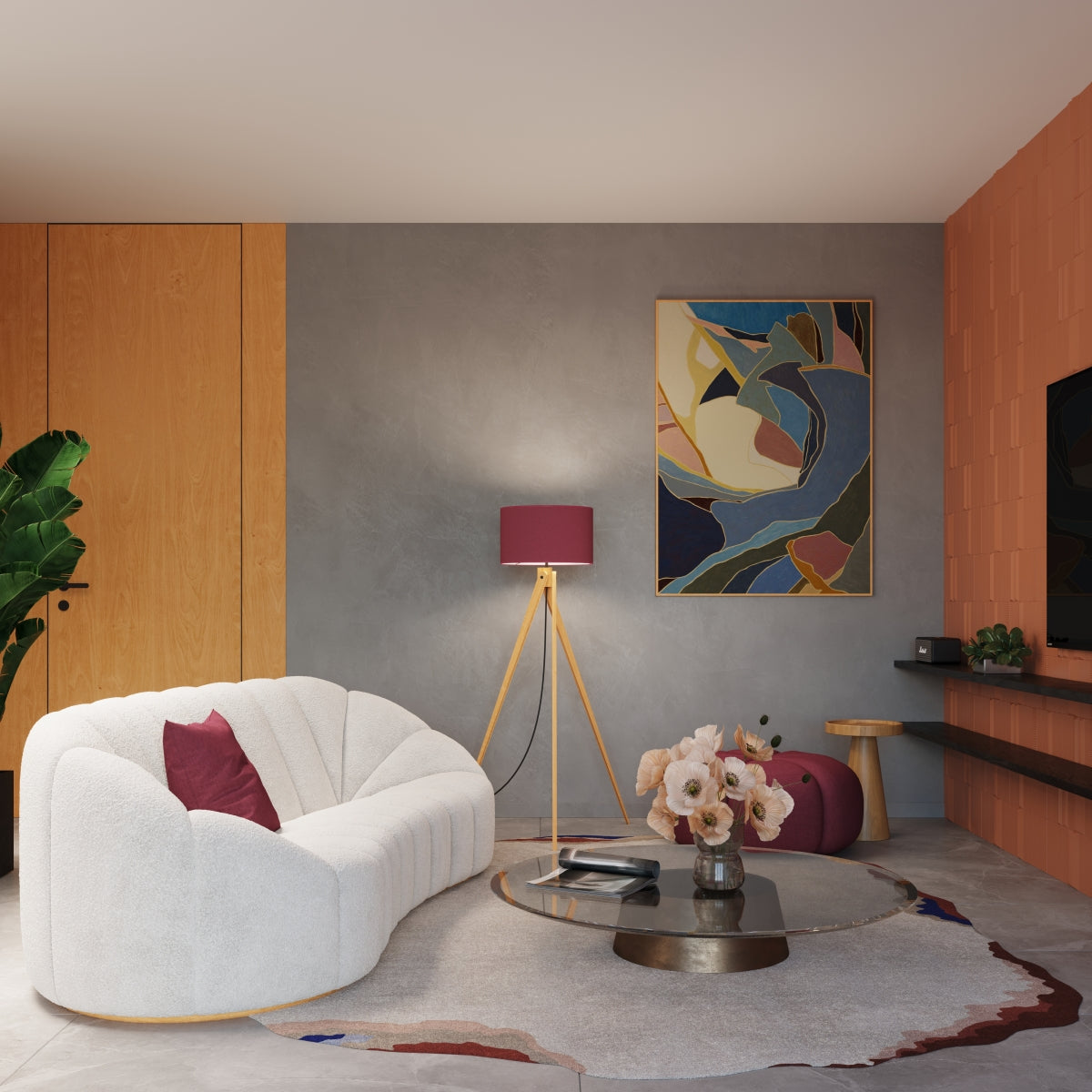 Luzara - Floor Lamp - Burdeos y Madera Natural - E27 - 1 LED Máx 15 W - IP20 - 140 cm