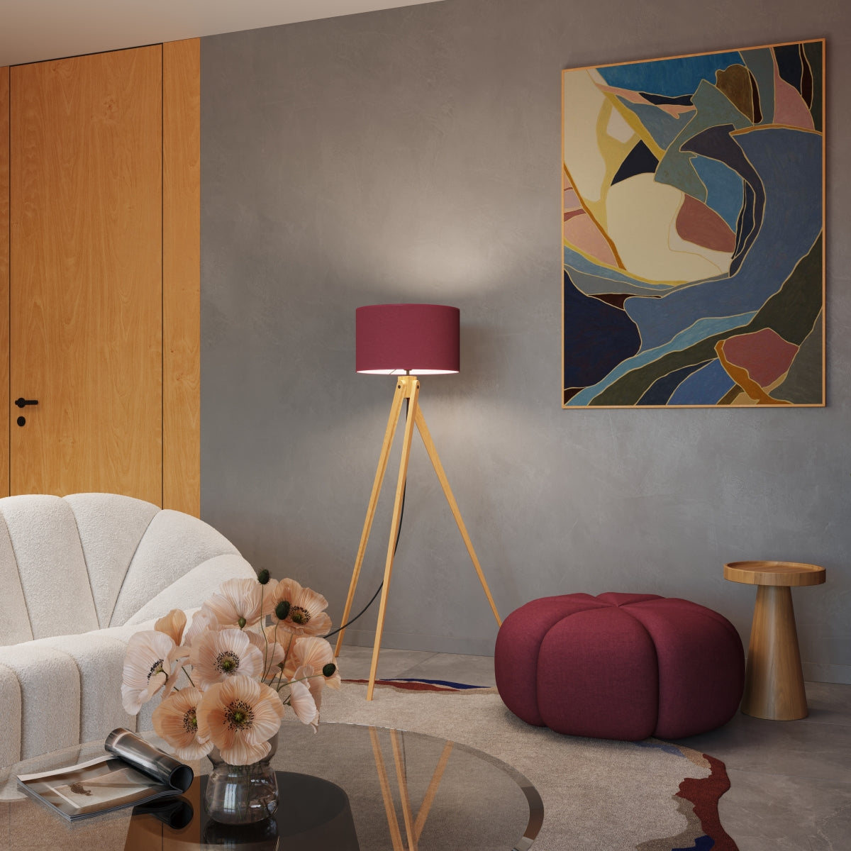 Luzara - Floor Lamp - Burdeos y Madera Natural - E27 - 1 LED Máx 15 W - IP20 - 140 cm