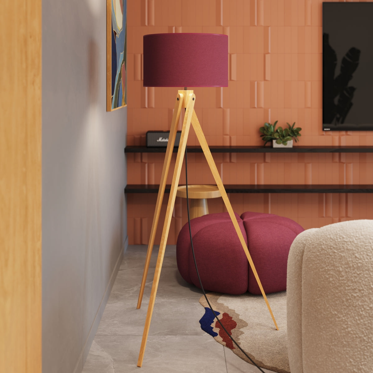 Luzara - Floor Lamp - Burdeos y Madera Natural - E27 - 1 LED Máx 15 W - IP20 - 140 cm